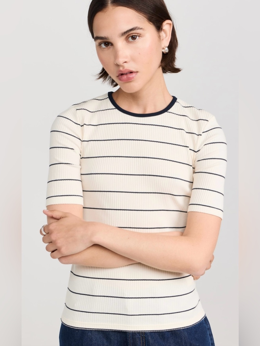 Vince Rib Stripe Elbow Sleeve Crew Tee